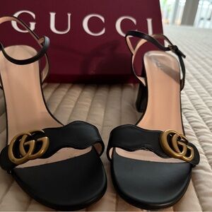 Gucci Marmont 75 Sanda Black Sandals with Gold Accents